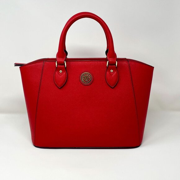 Anne Klein Handbags - NWOT Anne Klein Dome Satchel Purse Red Crosshatching Vegan Classic Gold Hardware